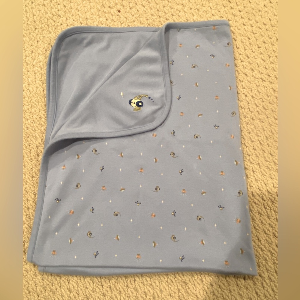 Gymboree 2000 Blue UFO Blanket Star Alien Rocket Rover Robot Space EUC